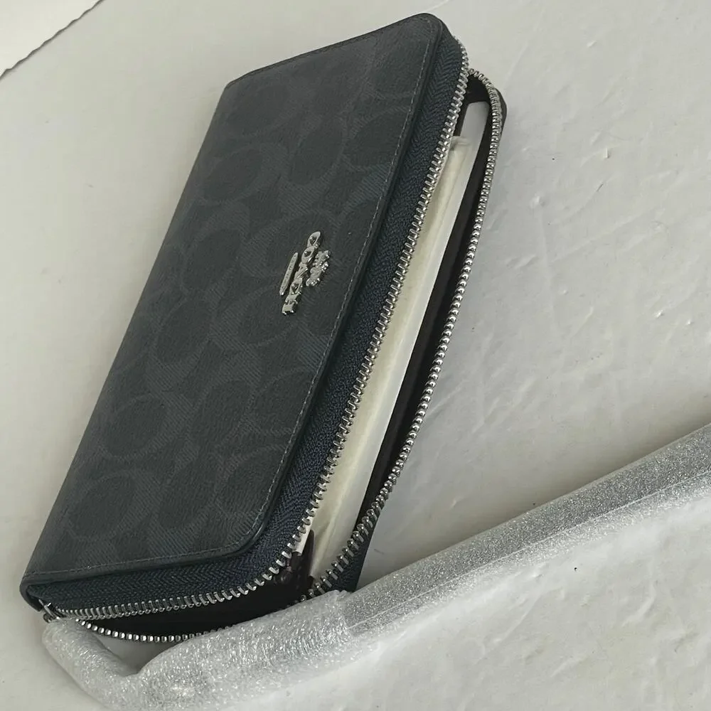 Coach C4452 Long Zip Phone Wallet Midnight Navy Canvas Wristlet